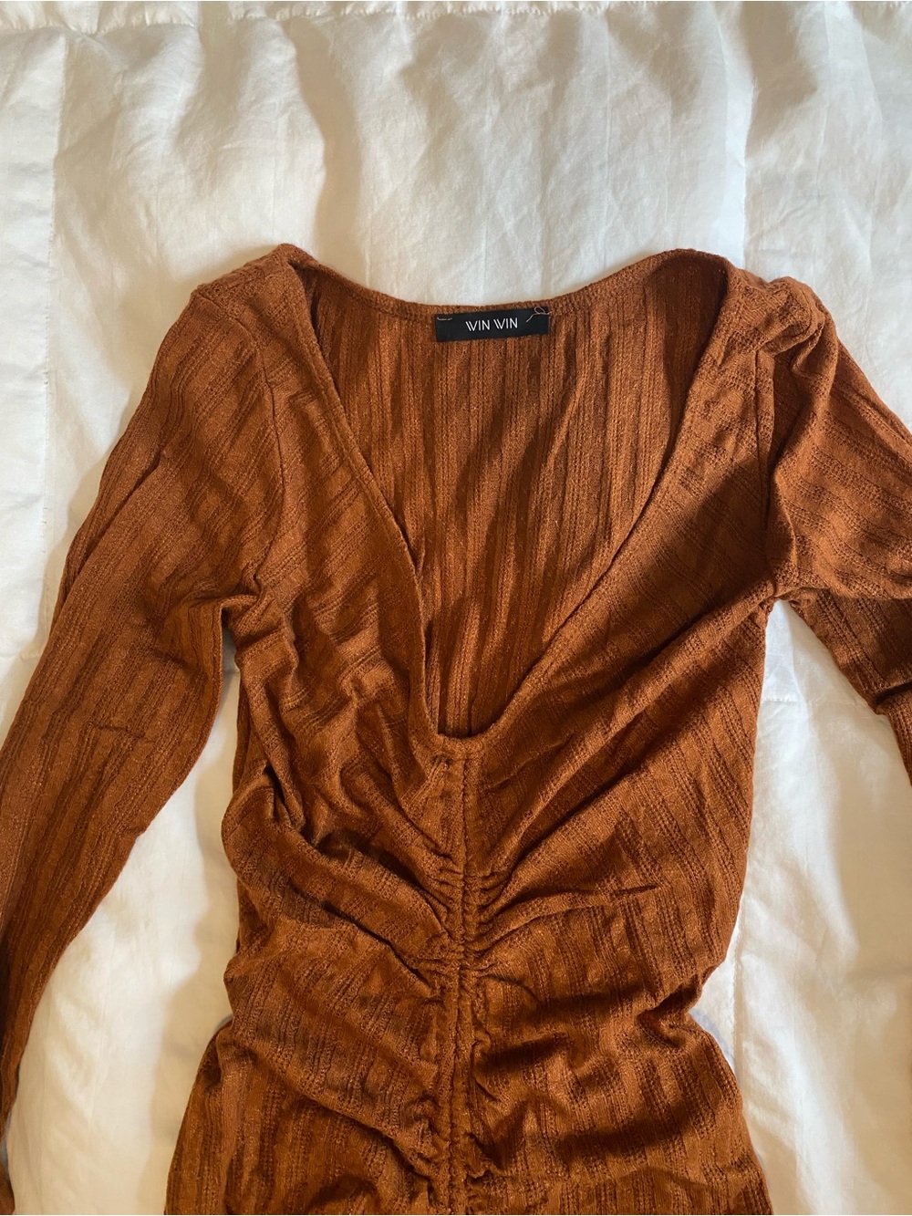 Rust Ruched Long-Sleeve V-Neck Dress - Picture 4 of 6